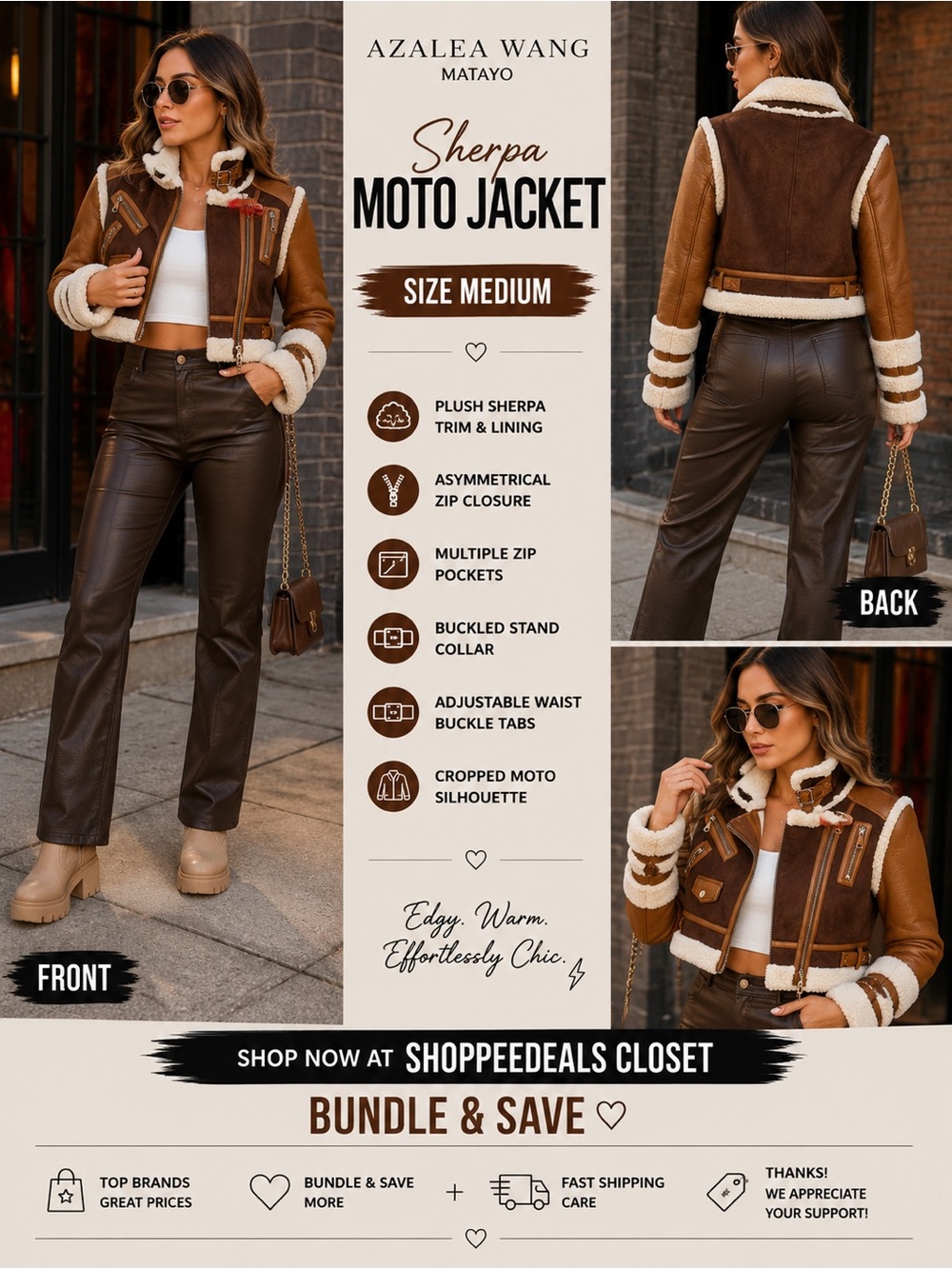 Azalea Wang Matayo Sherpa Moto Jacket – Brown & Camel Faux Ty Shearling
